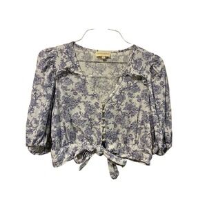 Cynthia Rowley Blue White Floral Linen Blend Crop Tie Front Large Beach Coquette
